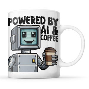 May include: White ceramic mug with a cartoon robot holding a coffee cup. The robot is gray with a screen face. The mug has the text "POWERED BY AI & COFFEE" in black.