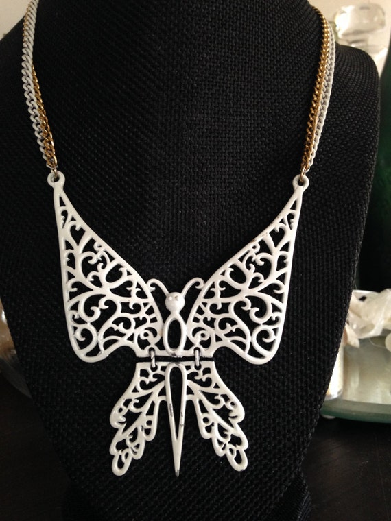 Vintage Long Pendant Necklace, Enamel Butterfly N… - image 2
