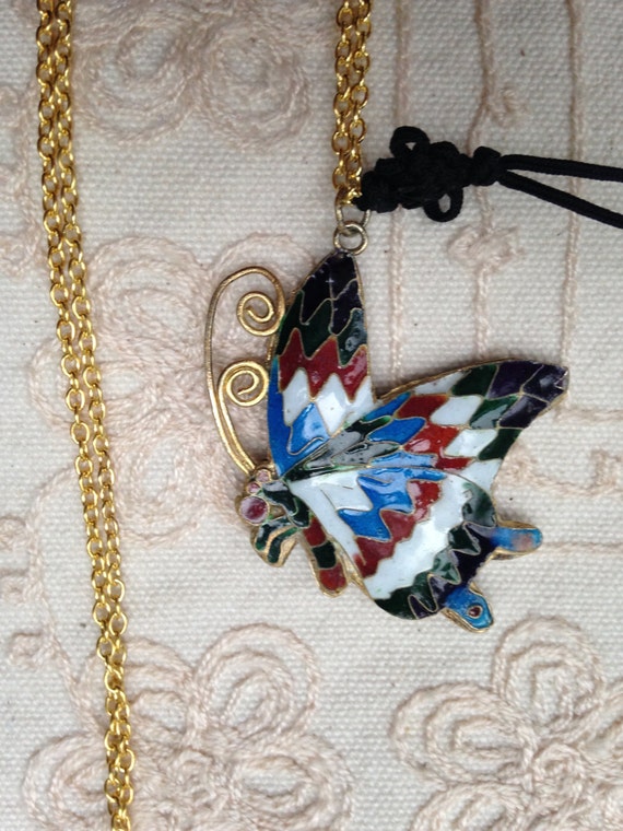 Butterfly necklace, Vintage Cloisonne butterfly pe