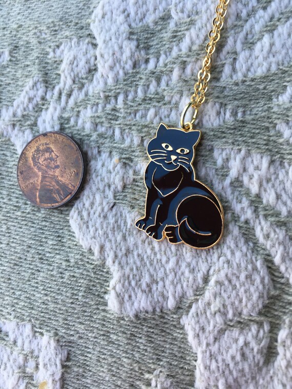 Cat pendant necklace, vintage black cat pendant, c