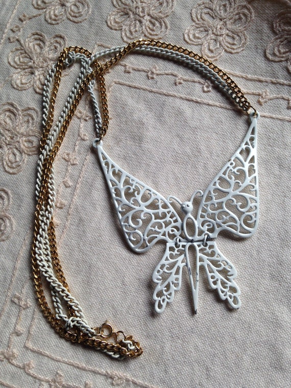 Vintage Long Pendant Necklace, Enamel Butterfly N… - image 3