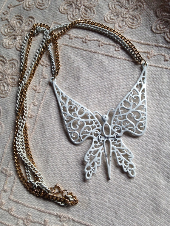 Vintage Long Pendant Necklace, Enamel Butterfly N… - image 1