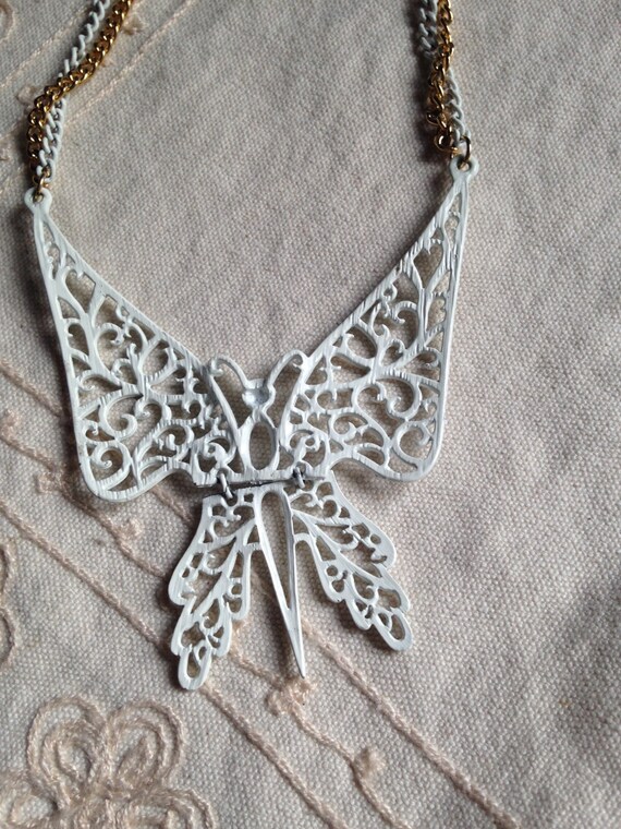 Vintage Long Pendant Necklace, Enamel Butterfly N… - image 5