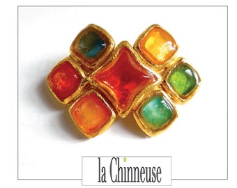 L'OR Du SOIR BROCHE; Haute Couture broche ondertekend L'Or du Soir barokke stijl, ontwerper broche, jaren '80, voor haar, ondertekende Franse sieraden.