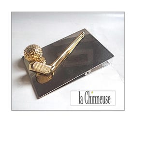PISAPAPELES LANCEL; Clip de carta firmado por Lancel Paris, vintage de la década de 1980, accesorio de oficina con patrón de golf.