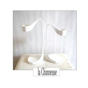 IKEA DESIGNER CANDLE HOLDERS; Pair of candlesticks in white lacquered metal; Designed by Monica Mulder; Vintage 90s; Scandinavian candlesticks; Collectibles.