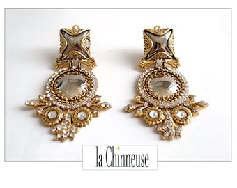 Boucles D'oreilles Pendantes ZOÉ COSTE Paris Années 80 - Clips, Métal Doré, Excellent état