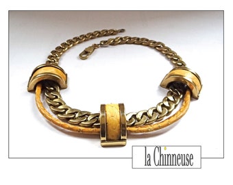 WILMA SPAGLI NECKLACE; 80s; Brutalist Style; Bronze and Leather Choker; Collectible; For Her; Vintage Signed Italian Jewelry.
