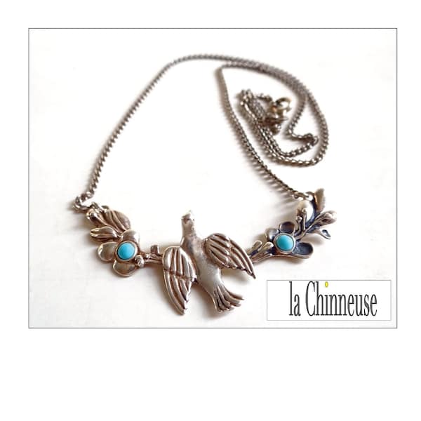 COLLIER ARGENT & TURQUOISES; Collier Motif Oiseau; Collier de Style Art Nouveau; Vintage Années 70; Pour Elle; Collectible.