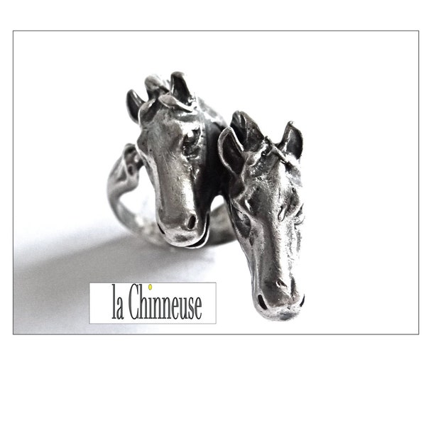 ARGENT BAGUE CHEVAUX 2 Têtes; Vintage Années 70/80; Bague Équestre en Argent Figurant 2 têtes de Chevaux; Bague Sculpturale; Pour Elle.