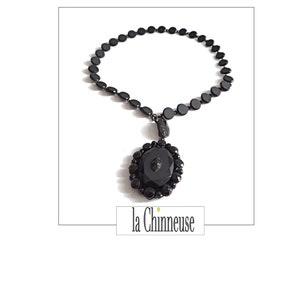 NAPOLEON 3 NECKLACE & MEDALLION; Mourning Necklace, Late 19th Century, Opening Reliquary Pendant with Photo Holder, Jet Beads, Collectible.