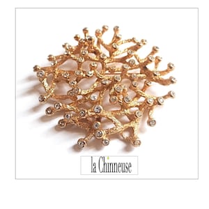 BEAUTIFUL VINTAGE BROOCH; Gold Tone & Rhinestone Brooch, Brutalist Design Brooch, Vintage 1980s, French Vintage Jewelry Collection.