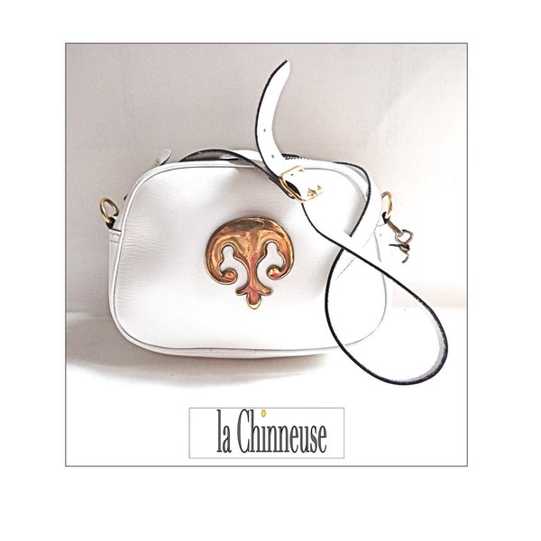 LAFFARGUE SAC; Petit Sac Cuir Blanc & Fleur de Lys, Sac Bandoulière, Vintage Années 80, Pour Elle, Fabrication Française, Collectible.