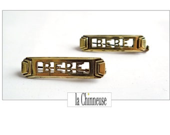 2 BABYBROSCHEN; goldfarbene Haarspangenbroschen, Art-Deco-Stil, Vintage 1930er Jahre, antike französische Schmuckkollektion.