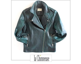 SANDRO LEATHER JACKET; Women's Green Motorcycle Leather Jacket; Perfecto Jacket, Vintage 2000s; For her; French Vintage Signed; Collectable.