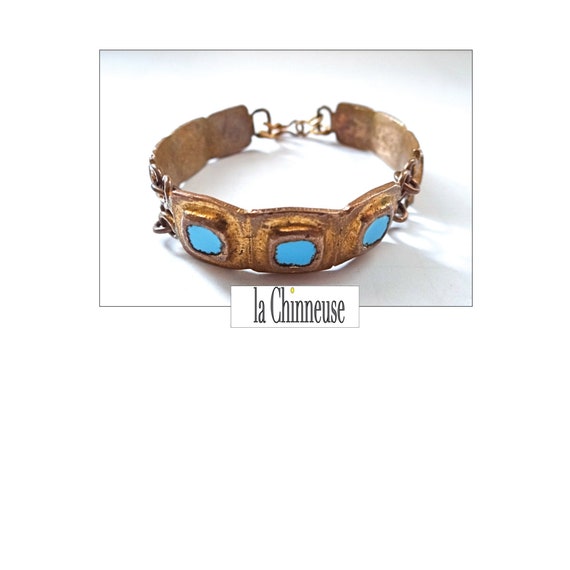 Bracelet Vintage En Bronze Années 1970 Avec Personnages - Doré, Rayures D'usage