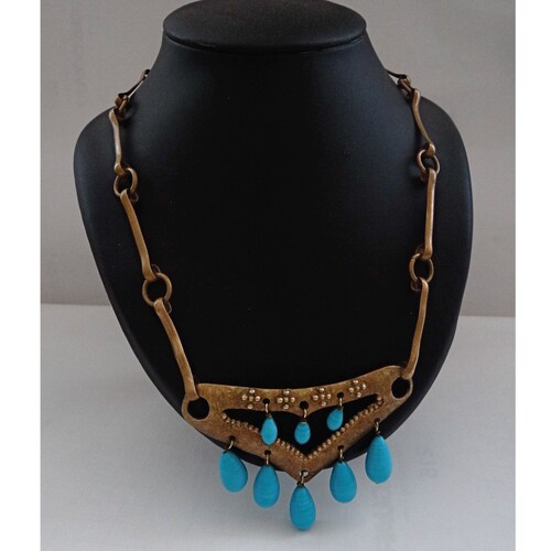 OLD NECKLACE; Vintage 40s; Necklace Plastron Tone Golden Bronze & Turquoise Pearls; Brutalist style; Designer Necklace; Unique piece. shops