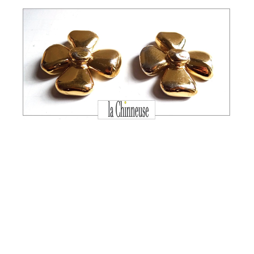 Boucles D'oreilles Clips Vintage Yves Saint Laurent Paris - Métal Doré Et Résine, Excellent état