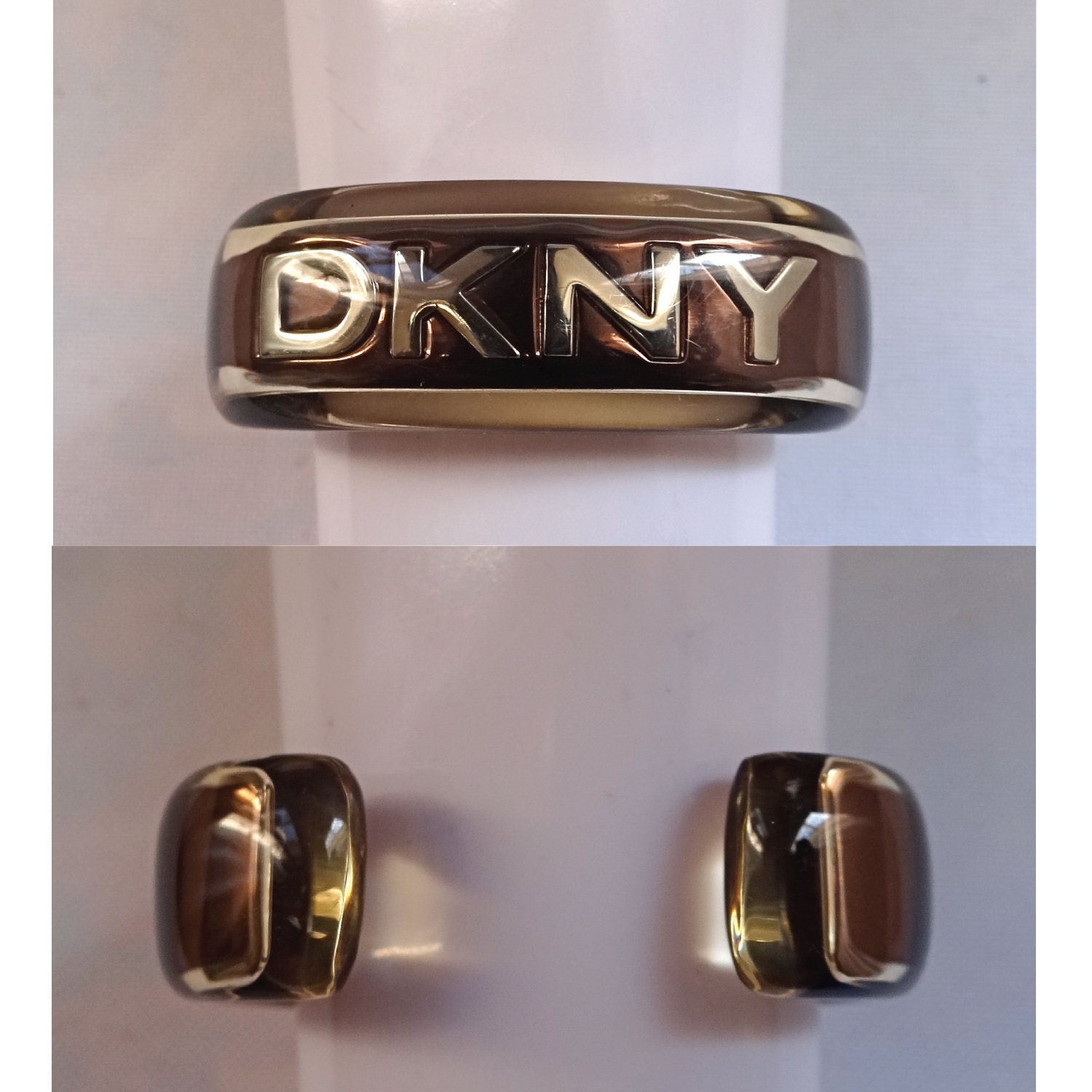 D K N Y カフ ブレスレット。クリア ルーサイトとスチールのカフ 