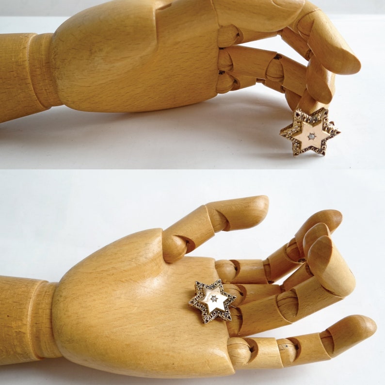 Op de afbeelding: Een houten handmodel dat een gouden stervormige broche vasthoudt met een wit centrum en heldere stenen. De broche is bezet met kleine, heldere stenen rond de randen.