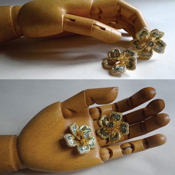 Boucles D'oreilles Clips Vintage Signées Orena - Émail Doré Et Vert, Style Couture, Occasion