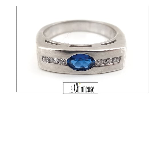BAGUE DE FIANÇAILLES; Bague style Tank, Bague en Argent Massif et Pierre Bleue, Années 40, Pour Elle ou Pour Lui, Collection Bijou Art Déco.