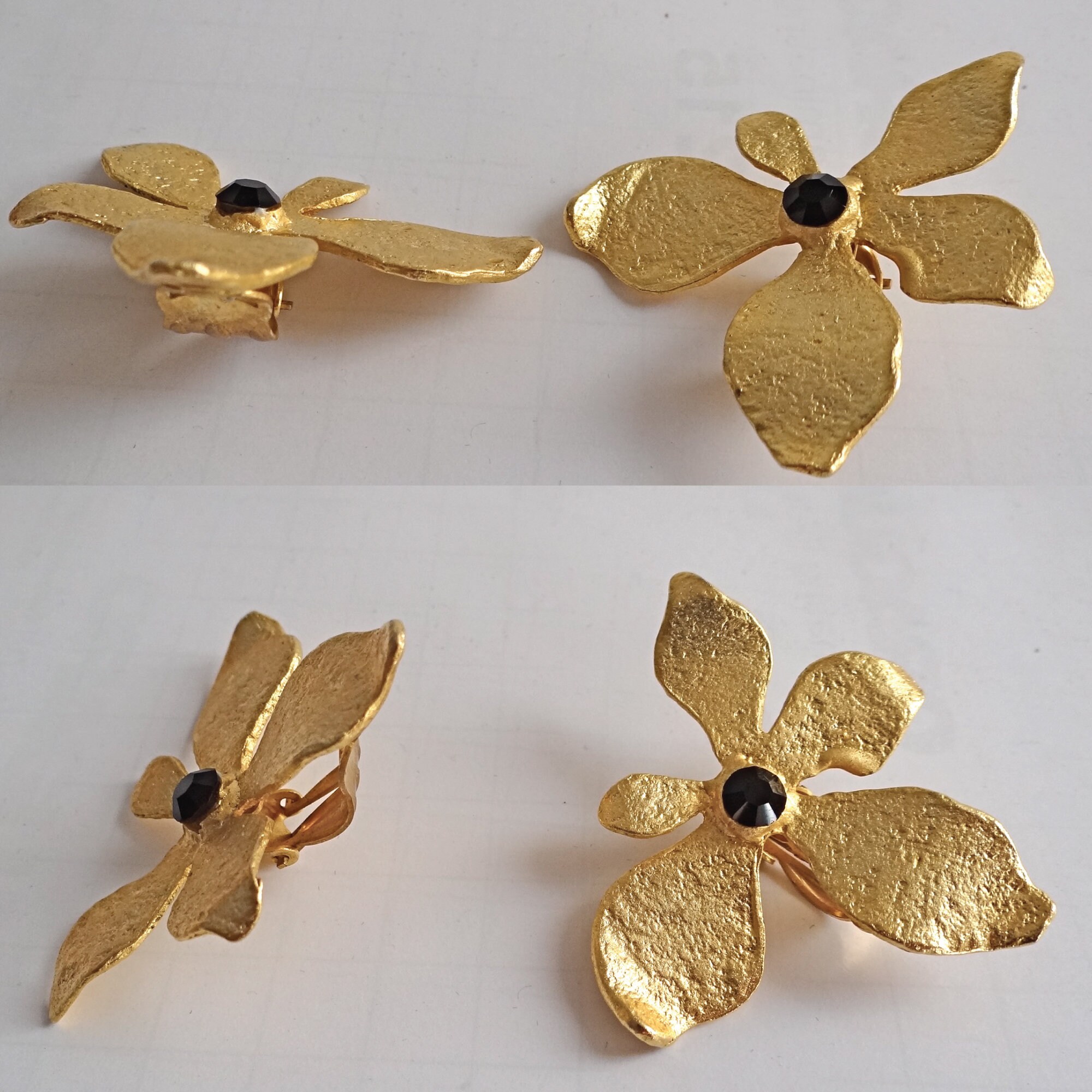 Parure Vintage Boucles D'oreilles Clips Et Broche Fleurs Peintes à La Main - Occasion