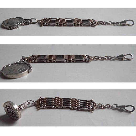 ANTIQUE WATCH CHAIN; Solid Silver & Vermeil Chate… - image 7