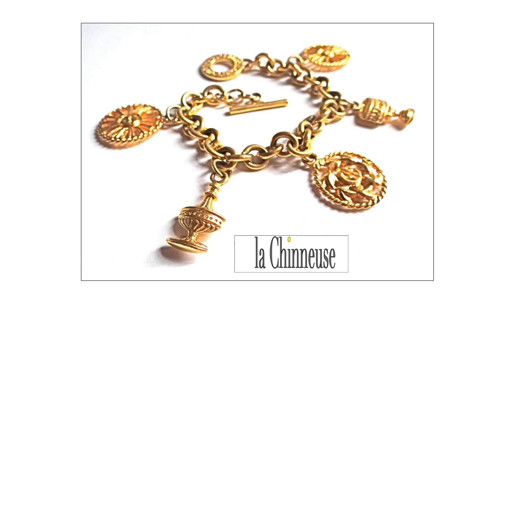 Bracelet Vintage Guy Laroche Paris - 8 Breloques Dorées, 57,9g, 20cm, à Nettoyer