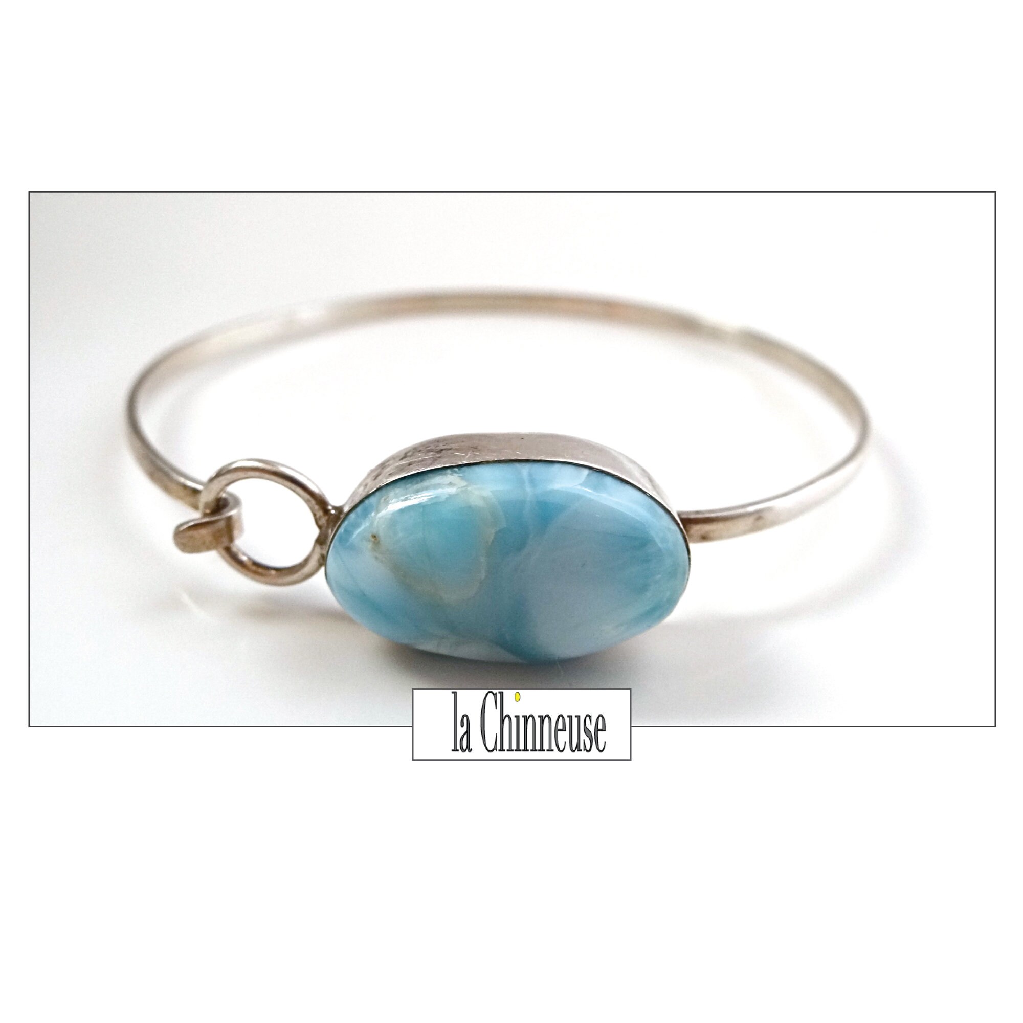 Bracelet Gourmette Ancien En Argent Massif 925 - Style Jonc Art Nouveau Avec Turquoise