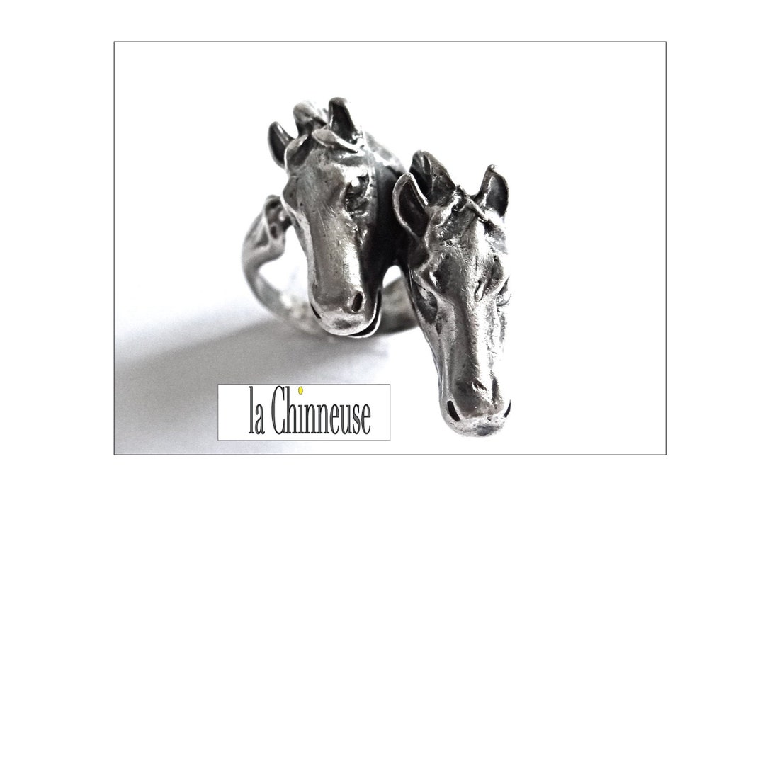 Bague Ancienne Trois Têtes De Chevaux En Argent 925 - Taille 54 - Occasion