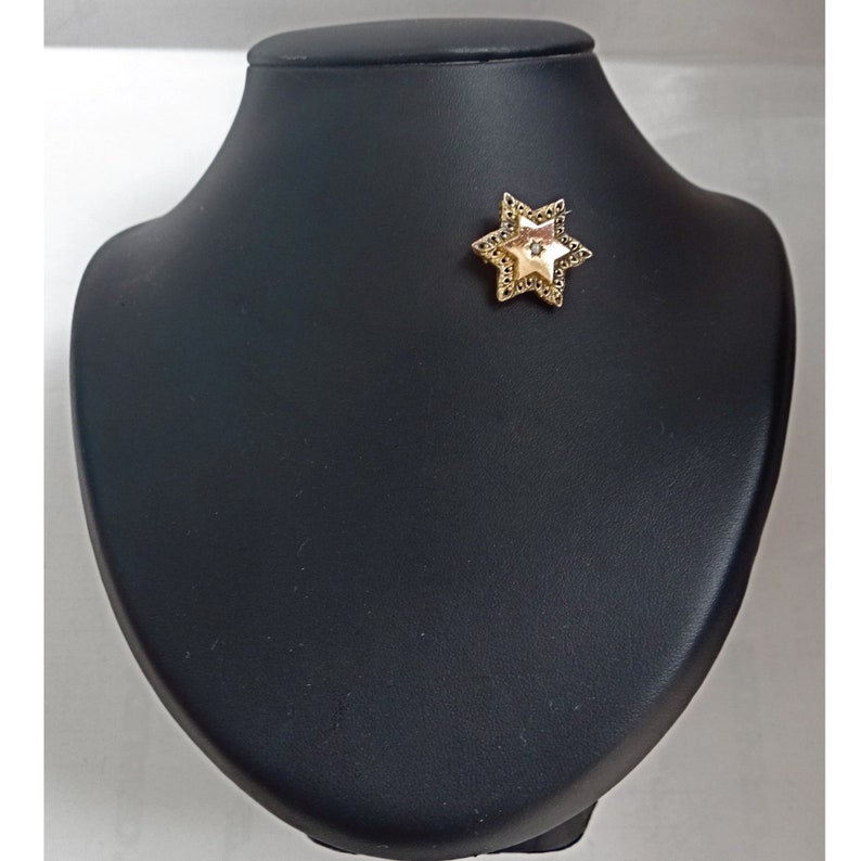Op de afbeelding: Een gouden stervormige hanger met zwarte accenten en een kleine, heldere steen in het midden. De hanger wordt gepresenteerd op een zwarte sieradenstandaard.