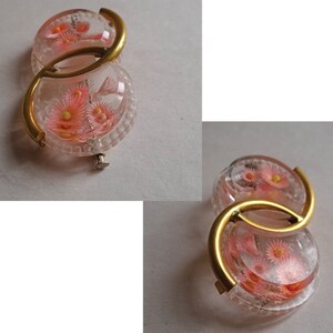 May include: A gold-toned hair clip with two clear, round, glass sections. Each section has a design of pink flowers pressed into the glass.