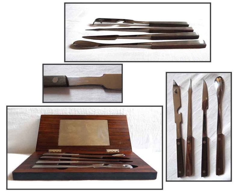 Peut inclure: Un ensemble de sept outils en acier inoxydable avec des manches en bois, dans une bo&icirc;te en bois. Les outils comprennent une cuill&egrave;re, un couteau, une fourchette et quatre autres outils.