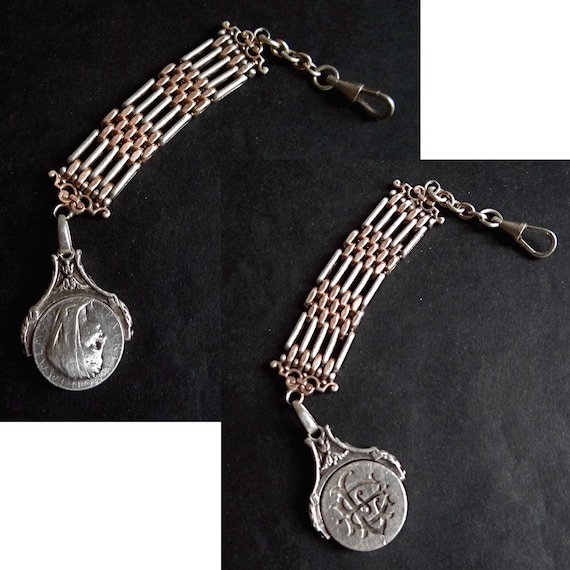 ANTIQUE WATCH CHAIN; Solid Silver & Vermeil Chate… - image 9