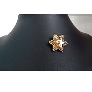 Op de afbeelding: Een gouden Davidster-broche met een enkele diamant in het midden. De ster is omgeven door een delicaat filigraanontwerp.