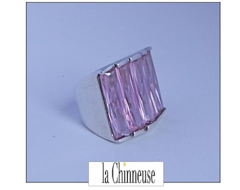 VINTAGE SILVER RING; Beautiful Solid Silver & Pink Stone Ring, Vintage 1980s, Art Deco Style Ring, For Her.