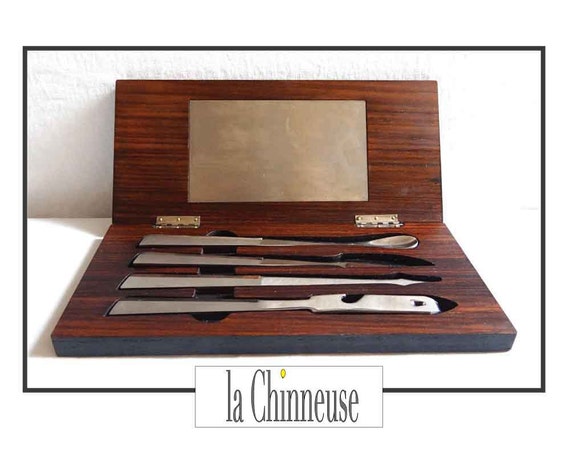 SET COCKTAIL VINTAGE;  Mid Century Modern, Coffret en Teck et Accessoires pour cocktail, Accessoire de Bar vintage, Design Scandinave.