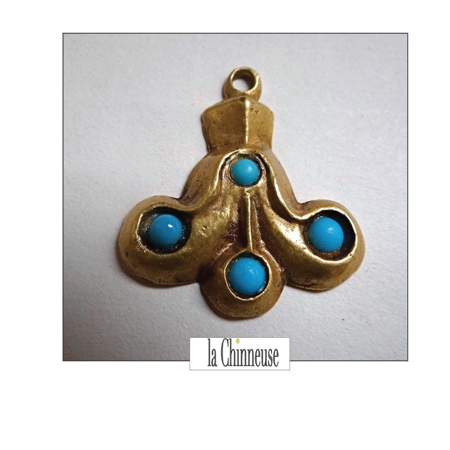 HENRY PERICHON PENDANT; 1960s, Bronze and turquoise pendant, Vintage French jewelry by Henry Perichon, French vintage.