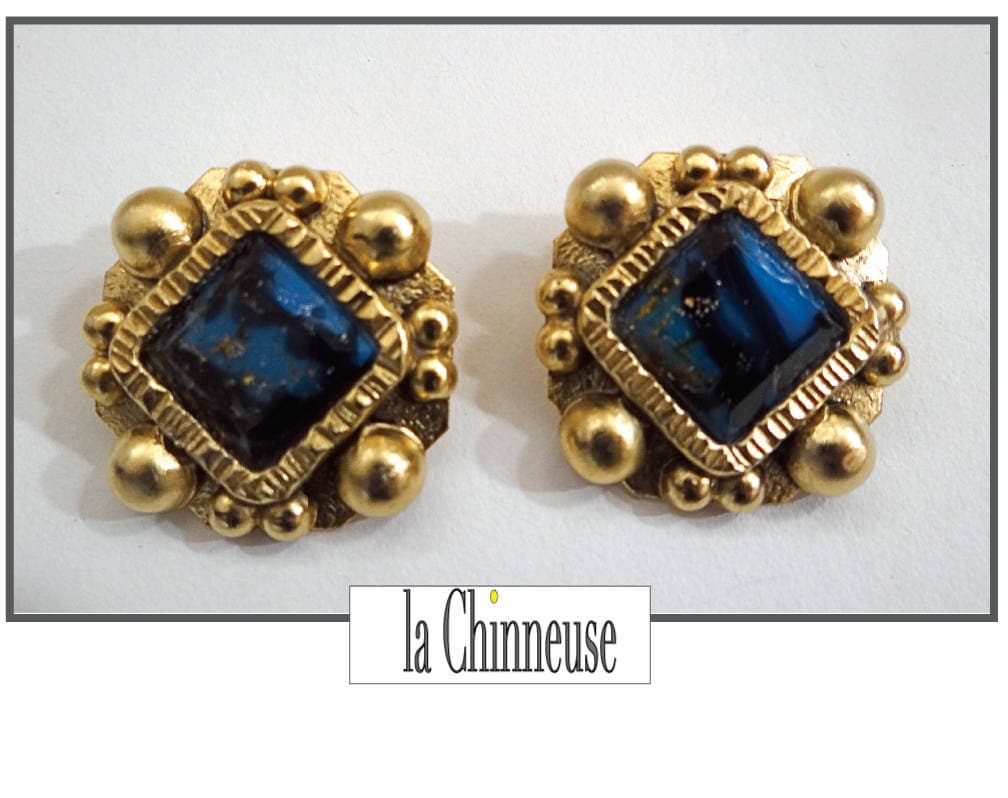 Boucles D'oreilles Vintage Créateur Henry Perichon - Bronze Doré, Fermoir Clips, Occasion