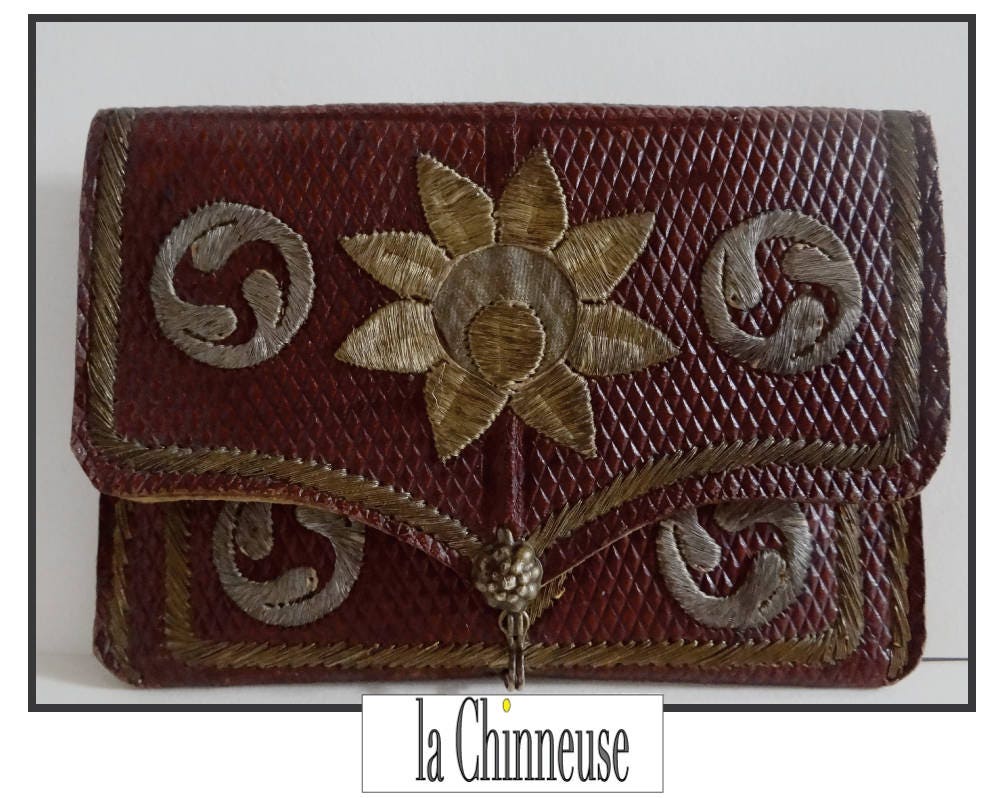 Mini Portefeuille Antique Ottoman Brodé Fil Doré - Velours Et Cuir - 10x7 Cm - Occasion Bon état