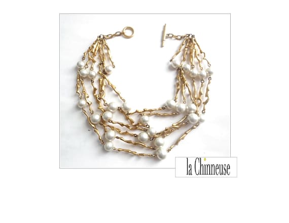 Collier Biche De Bere Vintage 6 Rangs - Perles Blanches Et Argenté, Années 90