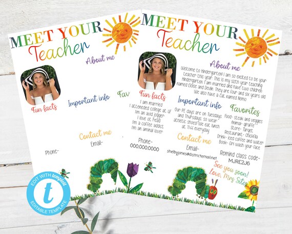 Meet The Teacher Template | Very Hungry Caterpillar | Teacher Printable | Template For Teacher