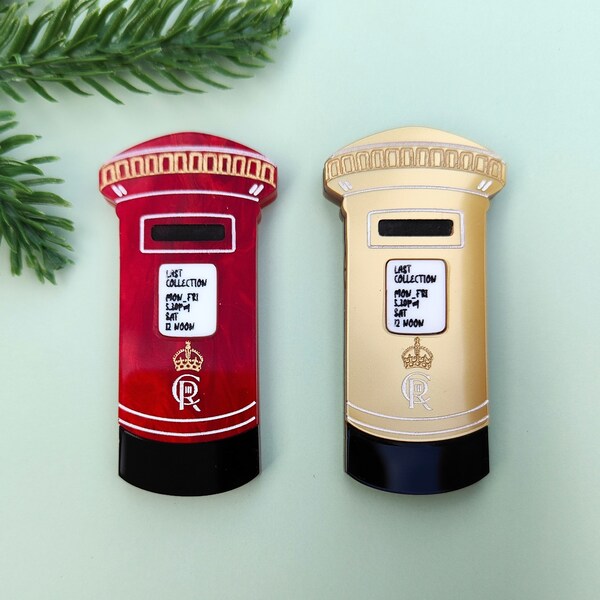 Classic British Postbox brooch | red or gold | Coronation and Royalty Coronation and Royalty | laser cut acrylic