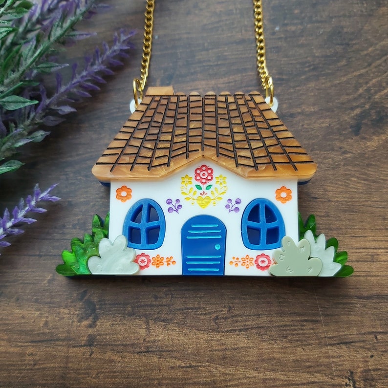 Spring Folk Cottage necklace laser cut acrylic necklace image 1