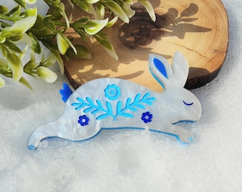 Spring Fortune Folk Bunny brooch | laser cut acrylic brooch