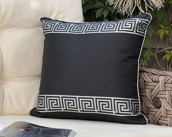 Black Chenille Greek Key Pillow Cover: Geometric Baroque Design