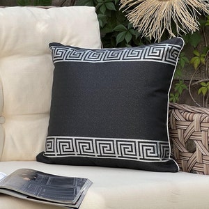 Black Silver Greek Key Pillow, Designer Geometric Pillow, Chenille Baroque Pillow Case, Outdoor Patio Cushion Cover