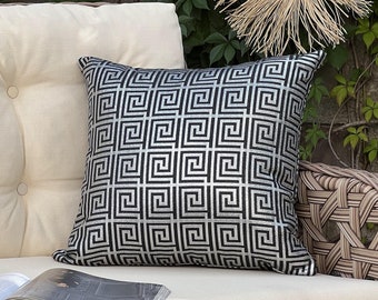 Black Silver Greek Key Pillow Cover: Chenille Baroque Cushion
