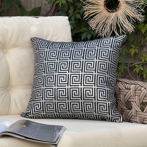 Black Silver Greek Key Pillow Cover: Chenille Baroque Cushion